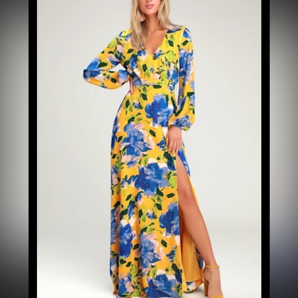 Lulu's Carolita Yellow Floral Print Long Sleeve Maxi Dress Size Medium